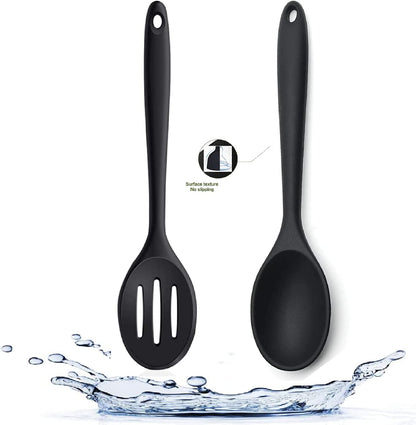Silicone Nonstick Spoon Set, Slotted & Solid Cooking Spoon 2PCS For Cooking Heat Resistant kitchen Rubber Spoons For Mixing, BPA Free (Casual Black)