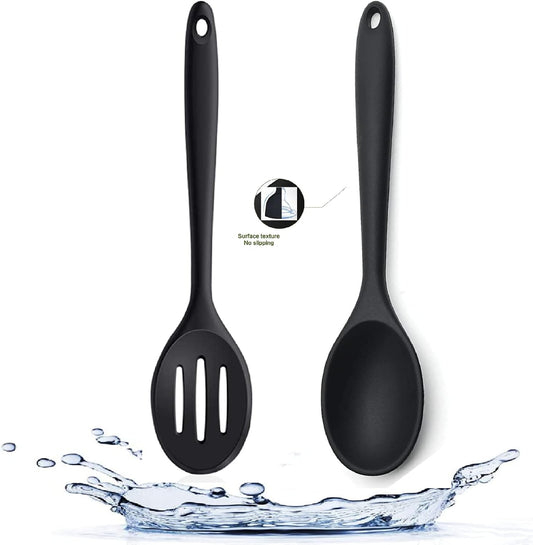 Silicone Nonstick Spoon Set, Slotted & Solid Cooking Spoon 2PCS For Cooking Heat Resistant kitchen Rubber Spoons For Mixing, BPA Free (Casual Black)