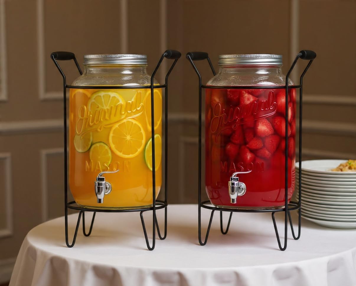 3 Gallon Classic Ice Cold Clear Glass Mason Jug Drink Beverage Dispenser Durable On Galvanized Stand With Leak Free Spigot-Easy Filling For Outdoor, Parties & Daily Use Lid
