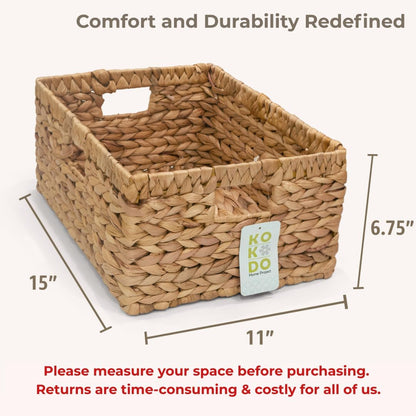 KOKODO Wicker Storage Basket Set of 2, Rectangular Baskets for Shelves with Handles & Chalkboard Labels, Handwoven Water Hyacinth Baskets for Organizing Pantry, Closet & Home.