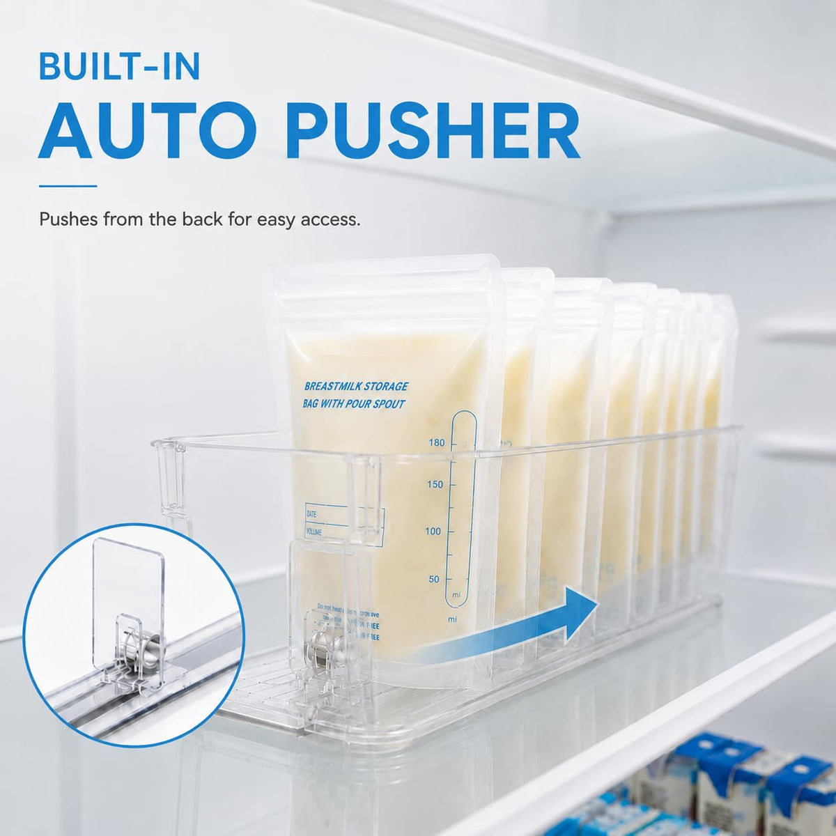 2 Set Breast Milk Storage Containers for Fridge and Freezer with Automatic Pusher, Clear Organizer Self Pushing Bins for Breastmilk Bags, Bottles and Pouches, 14.7 x 4.3 x 3.9 Inches