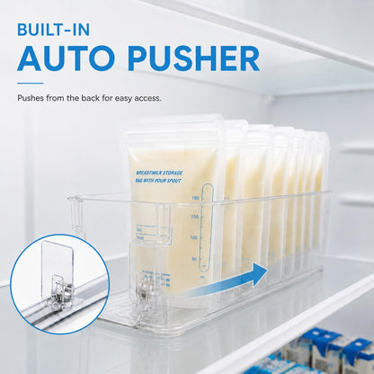 2 Set Breast Milk Storage Containers for Fridge and Freezer with Automatic Pusher, Clear Organizer Self Pushing Bins for Breastmilk Bags, Bottles and Pouches, 14.7 x 4.3 x 3.9 Inches