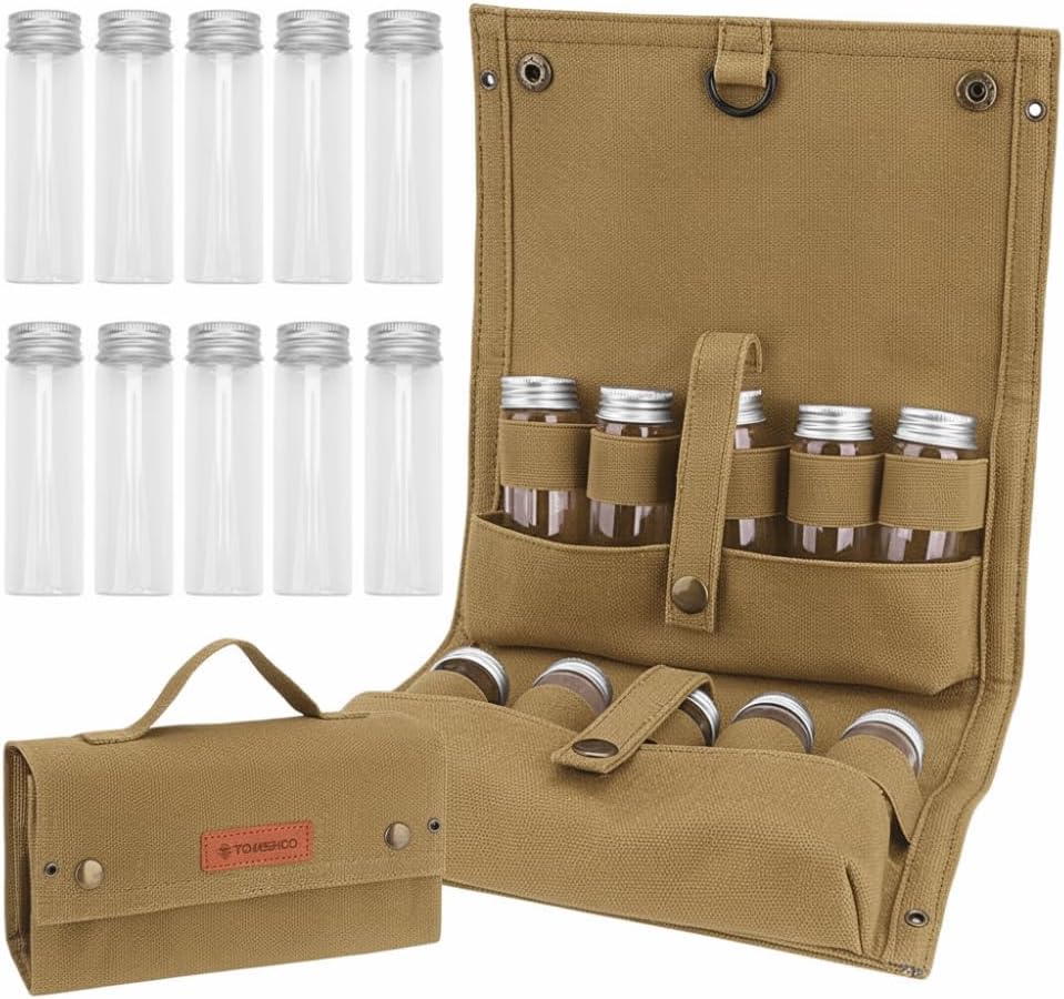 Portable Spice Bag, Travel Spice Kit with 10 Spice Jars, Foldable Compact Seasoning Storage Bag Condiment Organizer for Outdoor BBQ, Picnic and Cooking(Black)