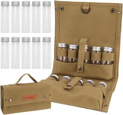 Portable Spice Bag, Travel Spice Kit with 10 Spice Jars, Foldable Compact Seasoning Storage Bag Condiment Organizer for Outdoor BBQ, Picnic and Cooking(Black)