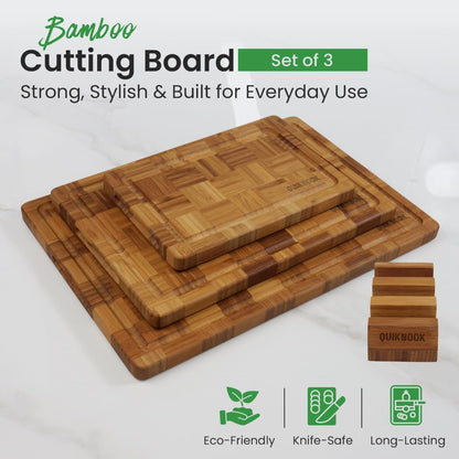 Bamboo Cutting Board Set of 3 with Holder | Non-Slip End Grain Chopping Block | Heavy-Duty Knife-Safe Bamboo Wood Cutting Boards for Kitchen Prep | Deep Juice Groove for Meat Veggies & Fruits