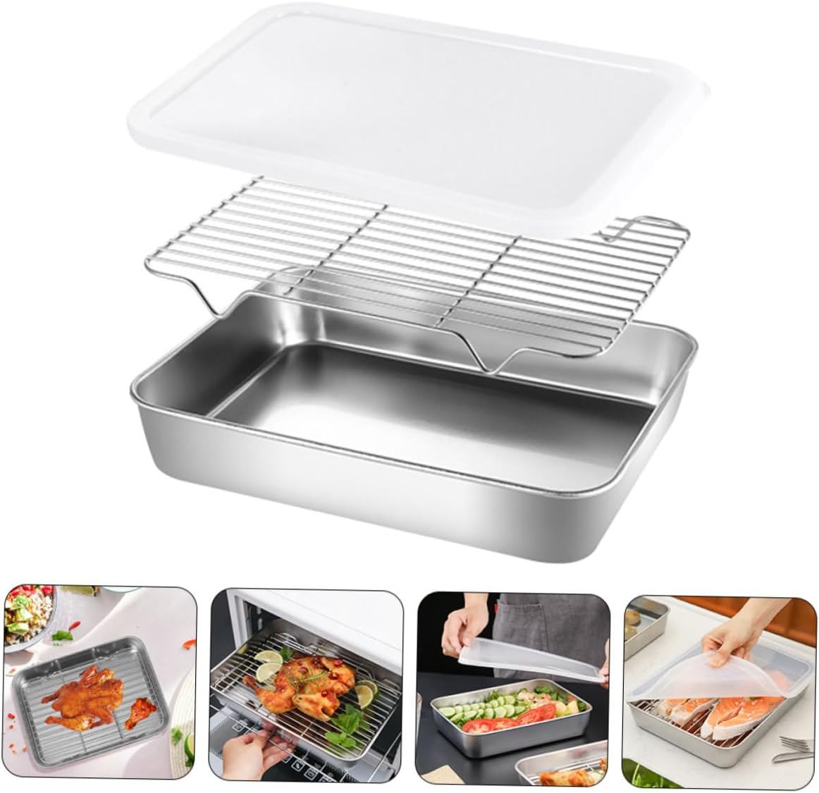 Healifty Stainless Steel Deep Kitchen Prep Tray Oil Filter BBQ Roasting Pan Set for Cooking and Baking Sturdy Food Container Rack for Grilling and Oven Use