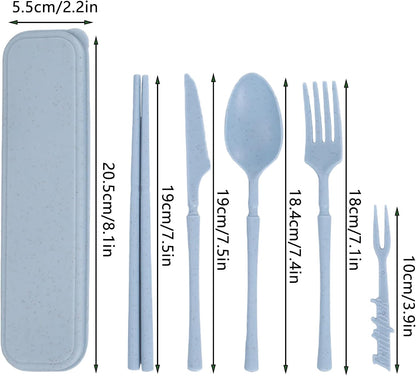 Reusable Travel Utensils Set with Case, Wheat Straw Portable Plastic Fork Spoon Knife Chopsticks Camping Cutlery, Eco-Friendly BPA Free Tableware Picnic Flatware for Kids Adults or Daily Use (Pink)