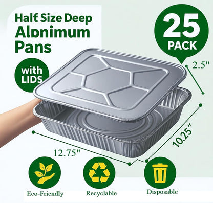 9x13 Inch Aluminum Foil Pans with Lids – 25 Pack Extra Heavy Duty Deep Disposable Half-Size Trays for Baking, Roasting, Cooking & Food Storage – Rectangular Silver Pans with Matching Lids