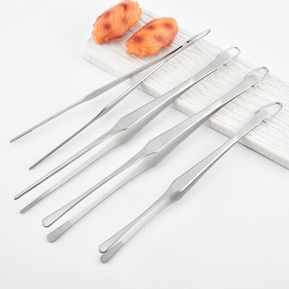 Stainless Steel Cooking Tweezers Set, 10 & 12 Inch Precision Kitchen Tweezers with Star Dot Texture & Elevated Tips | Galaxy Grip Series, 4-Piece (Silver)