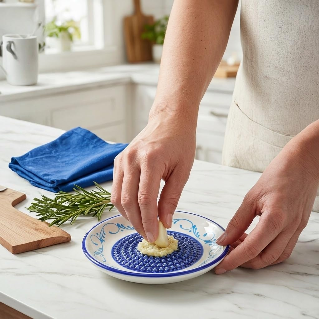 Handcrafted Ceramic Garlic Grater Plate, Ocean Blue