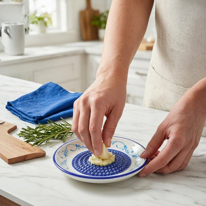 Handcrafted Ceramic Garlic Grater Plate, Ocean Blue