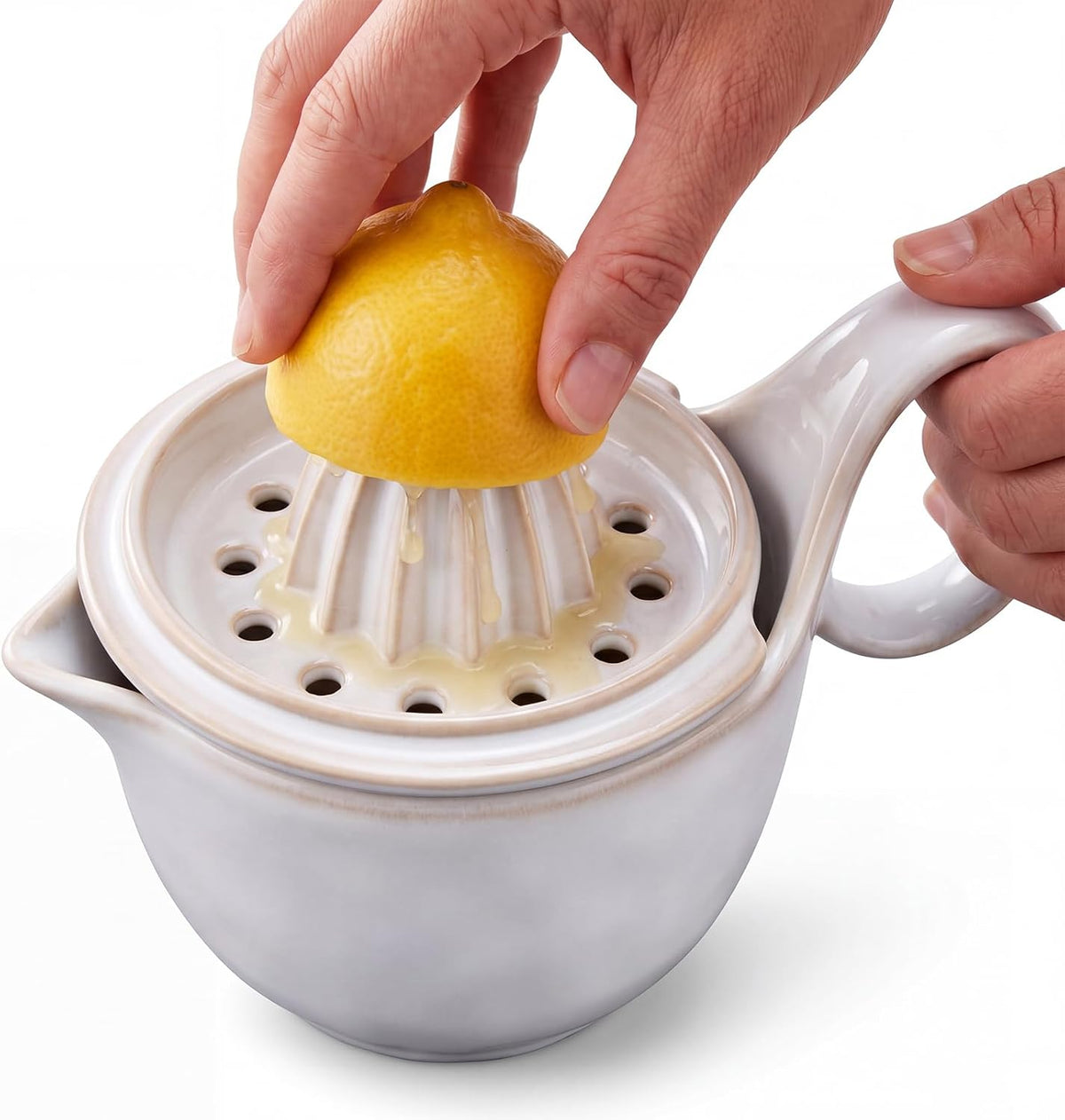 Sawysine Ceramic Lemon Squeezer Manual Citrus Juicer with Strainer Hand Press Lime Orange Reamer with 8.45 oz Cup Strainer Lid Spout Handle for Citrus Fruits Home Kitchen Bar(Classic,Dark Blue)
