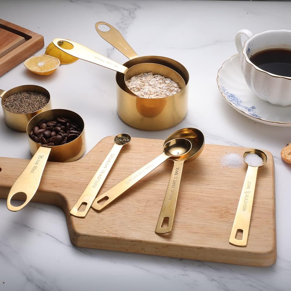 GuDoQi 9pcs 304 Stainless Steel Measuring Cups & Spoons, Stackable Long Handle Fits Narrow Jars, Golden Finish, Metric & US Measures for Dry/Liquid Ingredients, Rust-Proof for Baking & Cooking