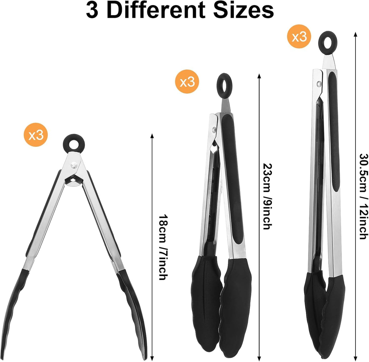 12 Pcs Tongs Set Multiple Sizes 7,9,12 Inches, Rubber Tipped Tongs Stainless Steel & Silicone Heat Resistant for Cooking, Grill, Salad, BBQ, Serving (Black & Silver)