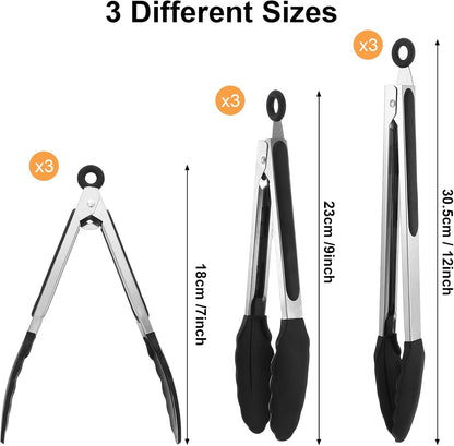 12 Pcs Tongs Set Multiple Sizes 7,9,12 Inches, Rubber Tipped Tongs Stainless Steel & Silicone Heat Resistant for Cooking, Grill, Salad, BBQ, Serving (Black & Silver)
