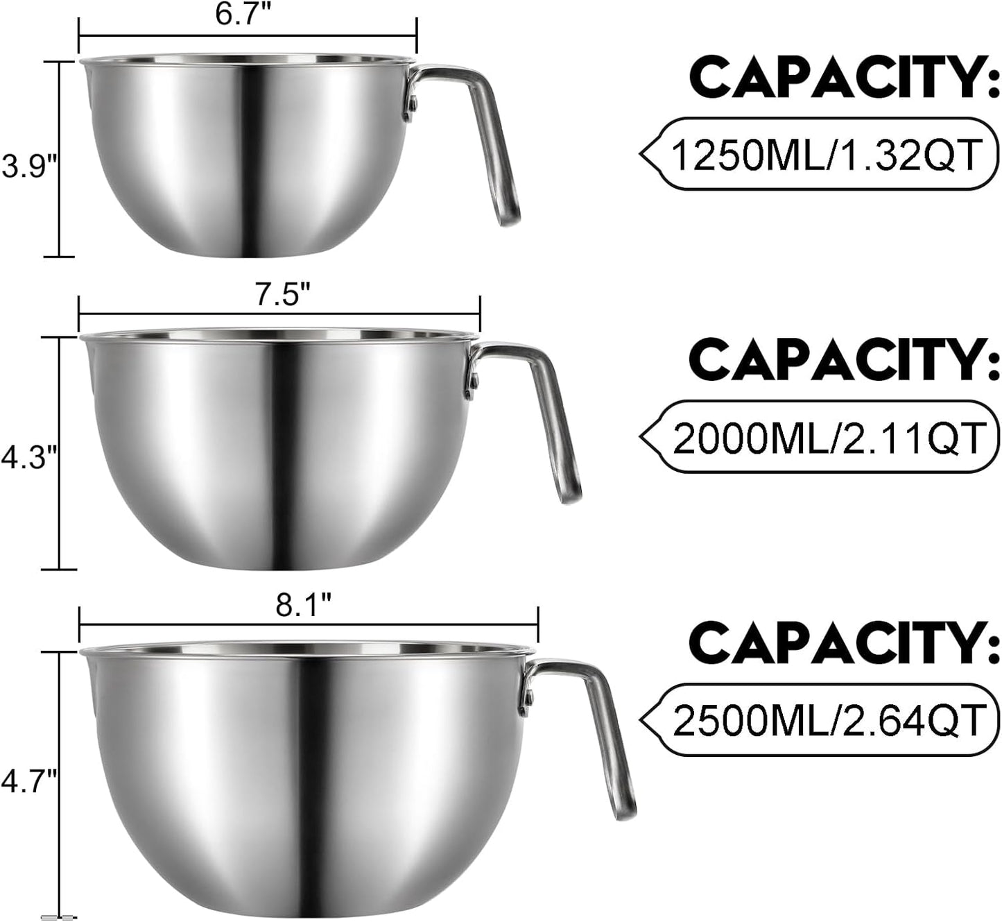3 Pieces 304 Stainless Steel Mixing Bowls, 1.3/2.1/2.6 Quart Mixing Bowl Set with Handle, Pour Spouts & Measurement Marks, Metal Nesting Bowls with Silicone Spatula for Baking Cooking