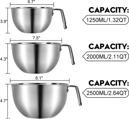 3 Pieces 304 Stainless Steel Mixing Bowls, 1.3/2.1/2.6 Quart Mixing Bowl Set with Handle, Pour Spouts & Measurement Marks, Metal Nesting Bowls with Silicone Spatula for Baking Cooking