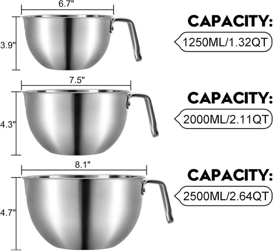 3 Pieces 304 Stainless Steel Mixing Bowls, 1.3/2.1/2.6 Quart Mixing Bowl Set with Handle, Pour Spouts & Measurement Marks, Metal Nesting Bowls with Silicone Spatula for Baking Cooking
