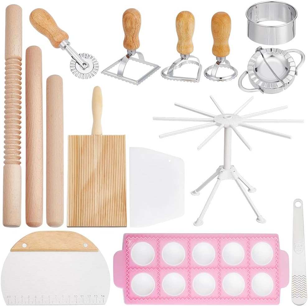 UNICRAFTALE 15Pcs Wooden Pasta Making Kit Ravioli Stamp Set Gnocchi Board Wood Threaded Rolling Pin Dumpling Press Mold Pasta Cutter Wheel Drying Rack for Homemade Spaghetti Dumplings Rice Dumpling