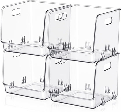 4 Pcs Clear Plastic Storage Bins Stackable Pantry Storage Organizer Kitchen Cabinet Organizers Ideal Containers for Coffee Pod Tea Sugar Bag Fridge Caddy Office