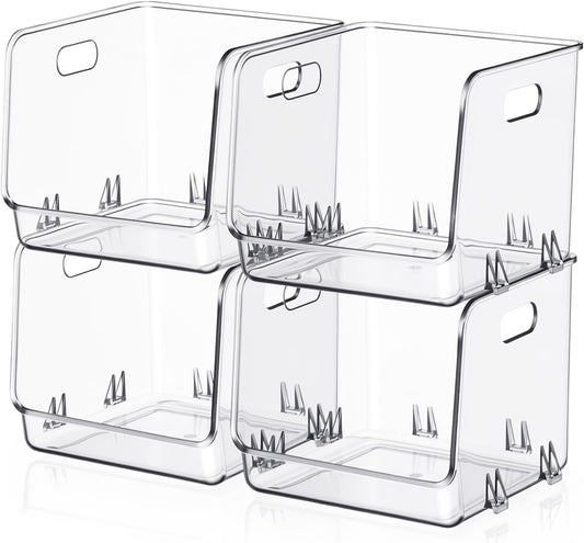4 Pcs Clear Plastic Storage Bins Stackable Pantry Storage Organizer Kitchen Cabinet Organizers Ideal Containers for Coffee Pod Tea Sugar Bag Fridge Caddy Office
