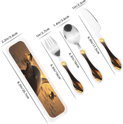 3-Piece Kids Silverware Set With Storage Case, Stainless Steel Reusable Children Safe Knife Spoon Fork Set Tropical Sunset Seaside Children Flatware Set For Kids Lunch Box