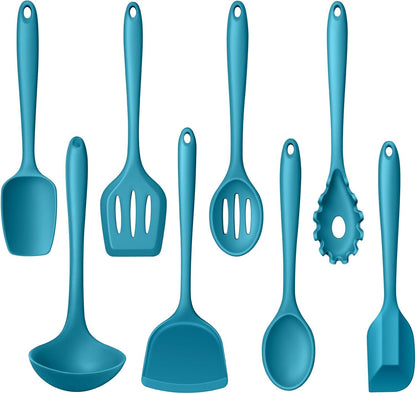 LIANYU Non-Toxic Silicone Kitchen Utensils Set, 8 Piece Non-Scratch Cooking Spoons & Spatulas, Stainless Steel Core, Heat Resistant & Dishwasher Safe, Khaki
