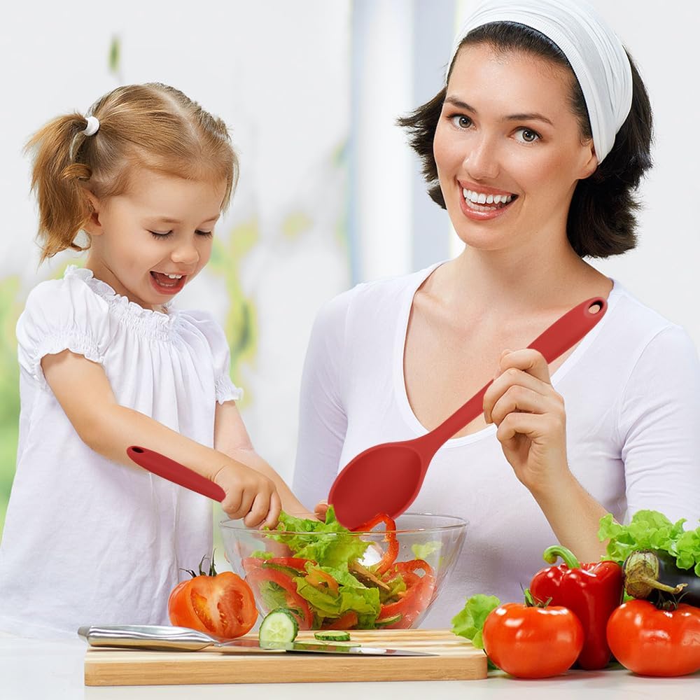 Cooking Spoon 2Pcs 10.8'' Large Serving Spoons Black Heat Resistant Silicone Spoon, Non-Stick Mixing Kitchen Spoons, Premium Silicone Kitchen Utensils for Stirring, Baking & Mixing, Dishwasher Safe