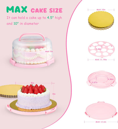Cake Carrier With Lid And Handle, Bpa-Free Cake Holder With Lid For 10 Inch Round Cake Carrier With 10 pcs Round Golden Cake Boards And Portable Insulated Bag
