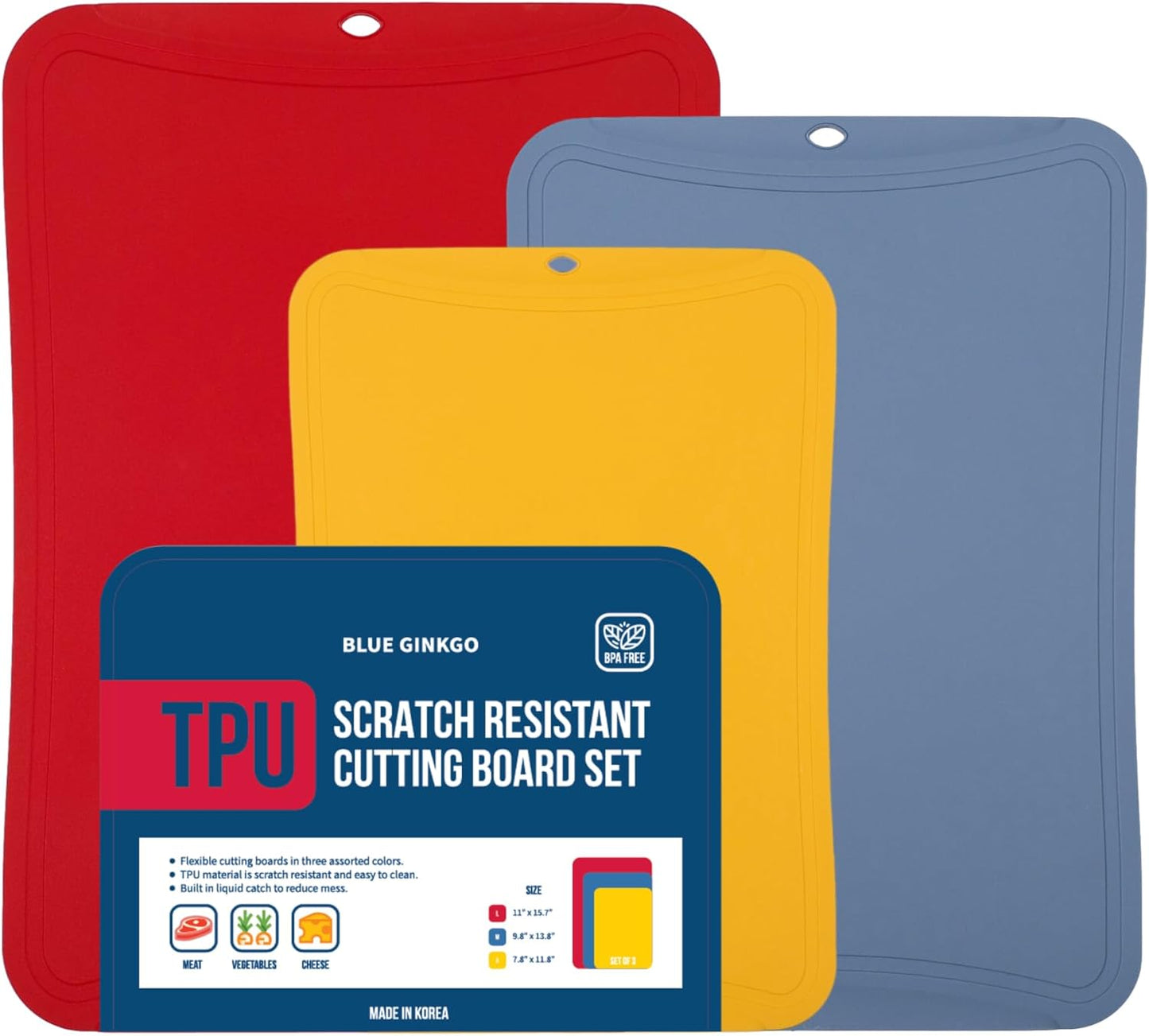 Blue Ginkgo TPU Cutting Mats [Set of 3] – Korean-Made Flexible, Knife-Friendly, Durable Kitchen Cutting Boards (Dark Gray, Gray, Blue)