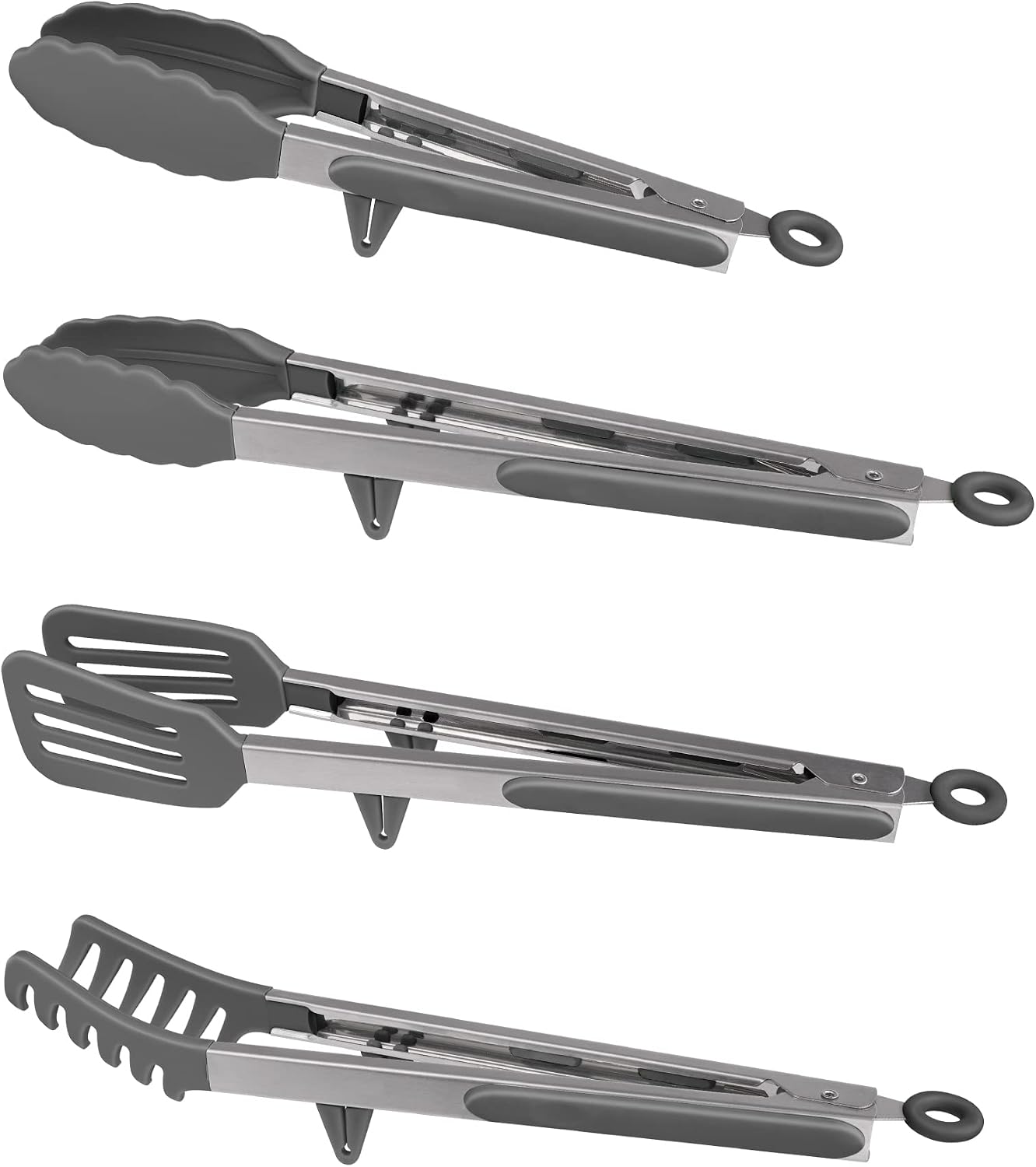 4in1 Stainless Steel Kitchen Food Tongs Set for Cooking with Silicone Tips, Toaster Steak Pie Pizza Pasta Spaghetti Noodles Salad Fruit Vegetable Grill BBQ Buffet Clamp Serving Tools Gadgets