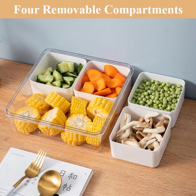 Veggie Tray with Lid - Square, 4-Compartment Divided Serving Tray, Party Platter, Fruit Tray, Snack Tray, Divided Serving Tray with Lid, Candy Tray, Snack Container, Fridge Organizer