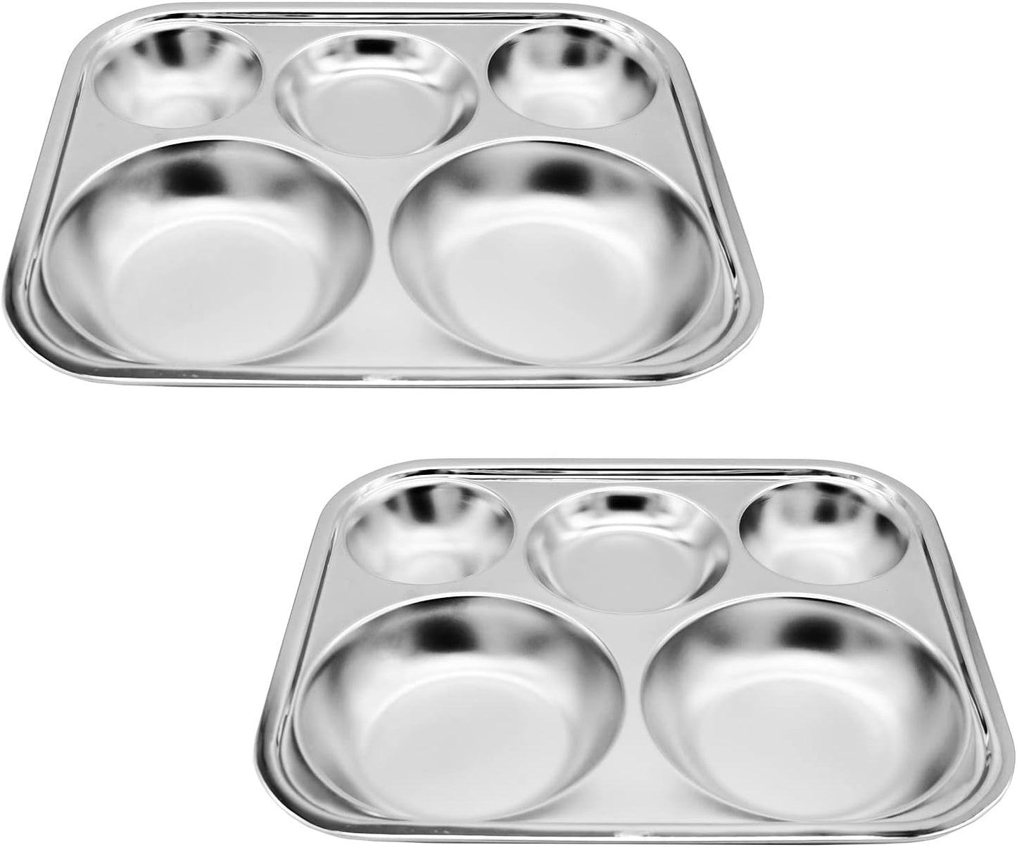 Korean Stainless Steel Divided Plates for Adults, Teens, Premium 304, Electro-Polished, No Black Residue, BPA-Free, Large 5-Compartment Food Tray, Diet Portion Control, Camping, Set of 2