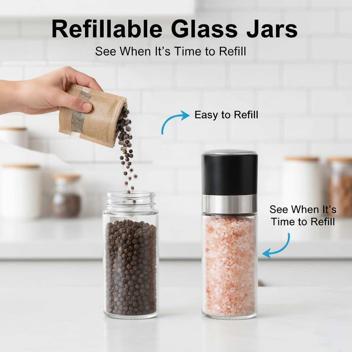Salt and Pepper Grinder Set, 5.1 oz Refillable Glass Salt and Pepper Mills with Adjustable Ceramic Grinder, Manual Spice Grinder for Kitchen, Cooking and Dining Table (2.5" נ5.1")
