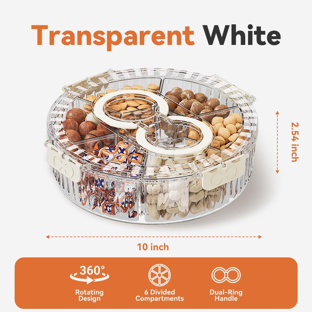Koja Rotating Snackle Box Container with Lid - Portable Divided Serving Tray for Snacks, Nuts, Candy, Charcuterie, Veggies & Fruit - 360° Turntable Food Organizer (Beige, 7-Compartment)