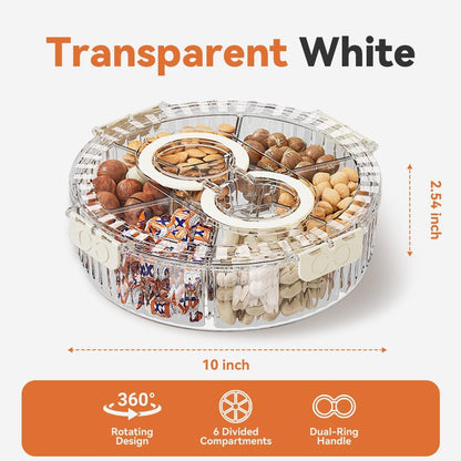 Koja Rotating Snackle Box Container with Lid - Portable Divided Serving Tray for Snacks, Nuts, Candy, Charcuterie, Veggies & Fruit - 360° Turntable Food Organizer (Beige, 7-Compartment)