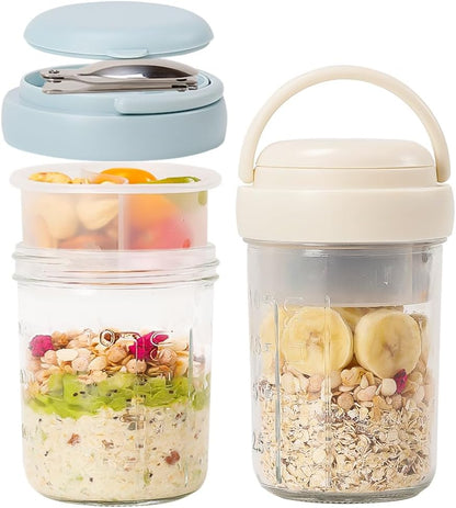 2 Pack Overnight Oats Containers with Lids and Handles, Folding Spoons & Divided Compartments for Fruit & Nuts, 16oz Mason Jars for Oatmeal Yogurt Container Chia Pudding Jars with lids (Cream 2pcs)