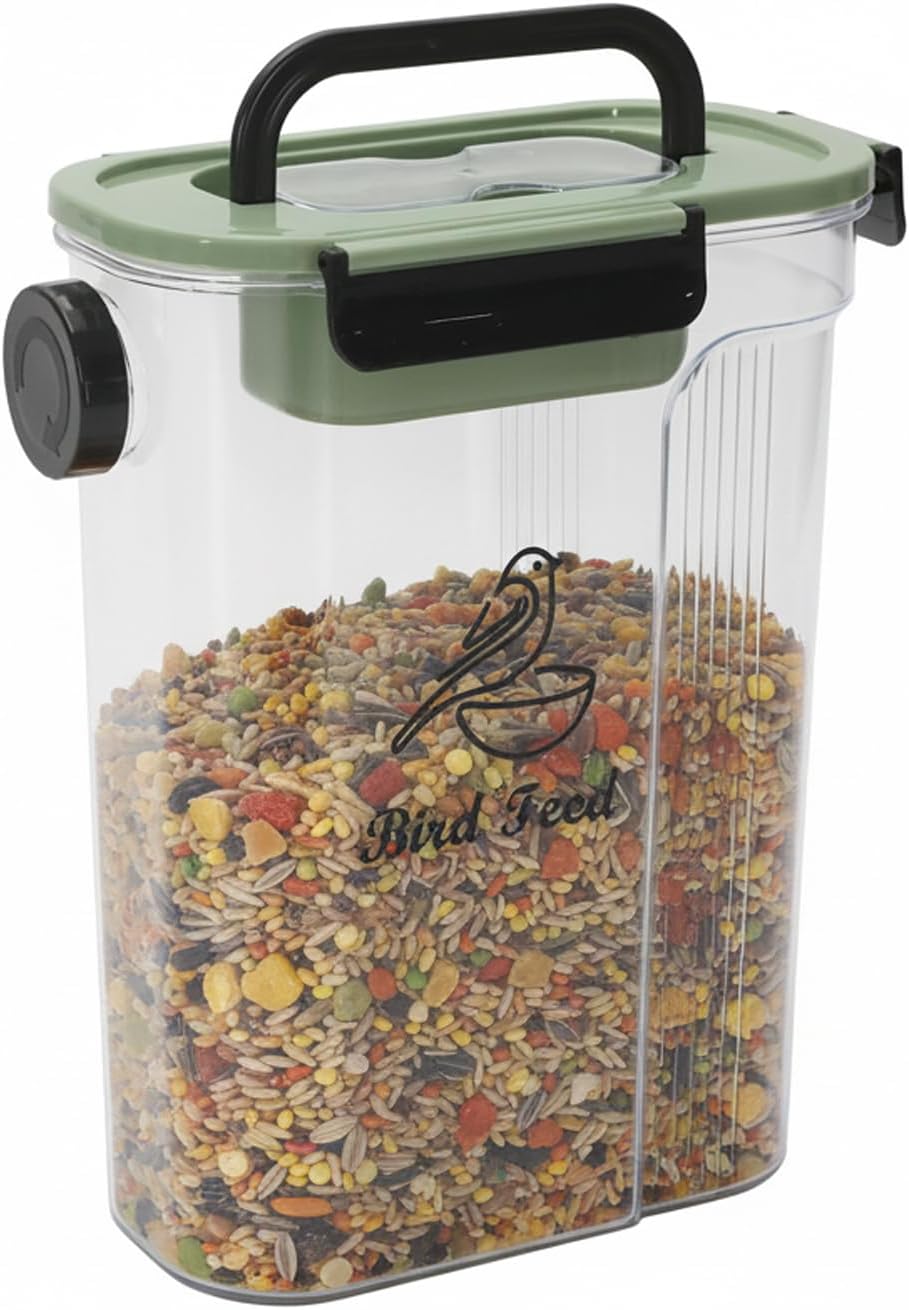 Bird Food Container,Pet Food Storage Bin with Side Pouring Spout and Handle,5lb Bird Seed Storage Container,Airtight BPA Free Portable BirdSeed Storages for Outside Feeders Container Holder