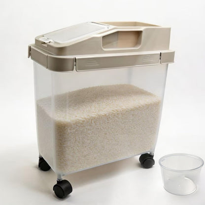 Rice Storage Container with Measuring Cup, Large-Capacity Sealed Moisture-Proof Kitchen Flour & Grain Container, Space-Saving Pet Food Storage Box with Wheels for Easy Organization