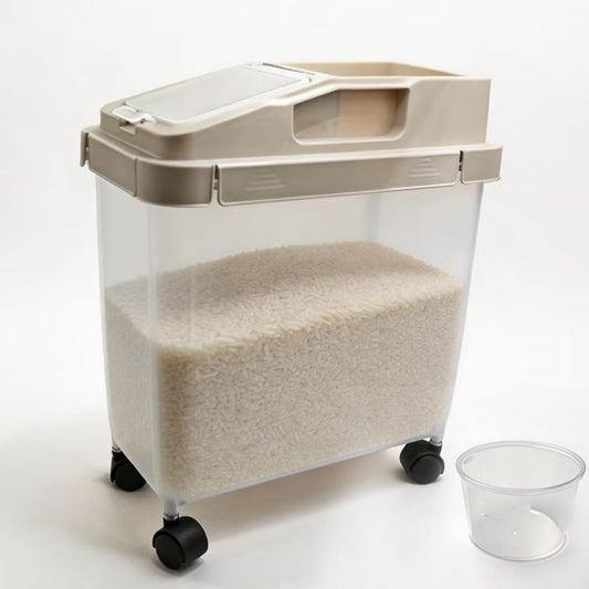 Rice Storage Container with Measuring Cup, Large-Capacity Sealed Moisture-Proof Kitchen Flour & Grain Container, Space-Saving Pet Food Storage Box with Wheels for Easy Organization