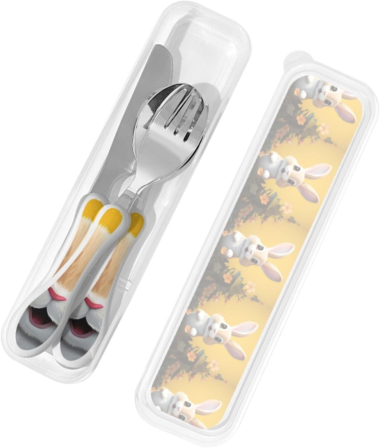 3-Piece Kids Silverware Set With Storage Case, Stainless Steel Reusable Children Safe Knife Spoon Fork Set Easter Bunny Eggs Spring Flower Rabbit Children Flatware Set For Kids Lunch Box