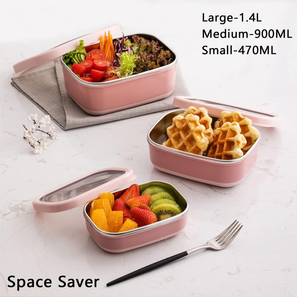 Lille Home Leak Proof Stainless Steel Lunch Snack Containers Set - Ideal for Educational Settings and Daycare - Nesting Trio with Silicone Lids - 47oz+30oz+16oz - Pink