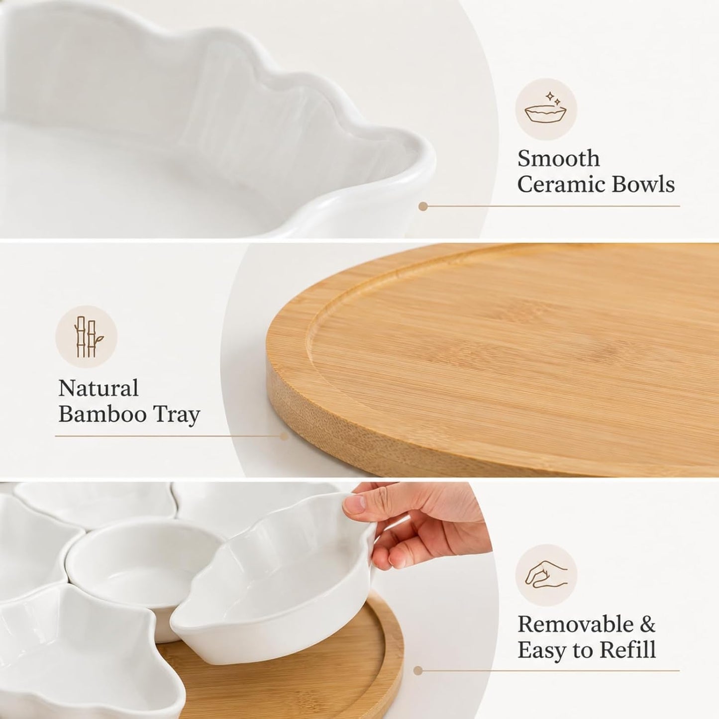 Porcelain Divided Serving Dishes, Relish Tray, 12'' Serving Tray and Platter with 6 Removable Compartment, for Party, Kitchen Decor, for Chips and Dip, Fruits, and Condiment