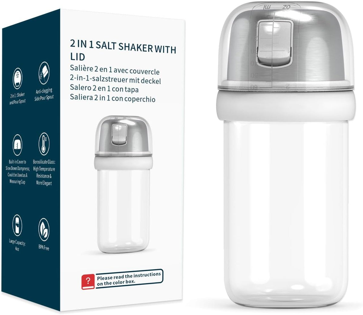 KTCHENDAO 2 in 1 Glass Salt and Pepper Shaker with Side Pour Spout, Built-in Lid for Moisture-proof, Elegant Borosilicate Glass Salt Pepper Dispenser set for Kitchen, BPA Free, 4oz (White)