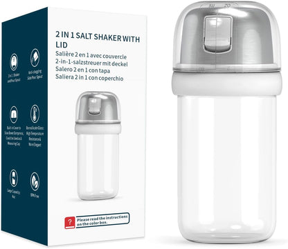 KTCHENDAO 2 in 1 Glass Salt and Pepper Shaker with Side Pour Spout, Built-in Lid for Moisture-proof, Elegant Borosilicate Glass Salt Pepper Dispenser set for Kitchen, BPA Free, 4oz (White)