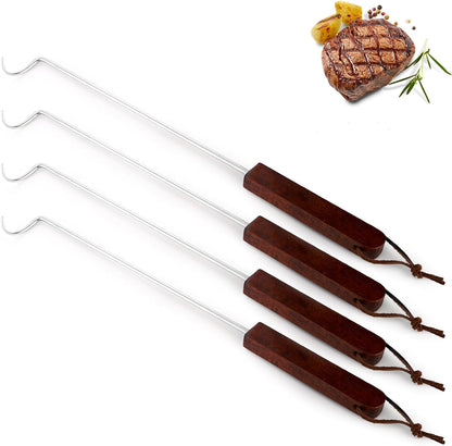 YOUEON 4 Pack 17 Inch Pigtail Food Flipper with Wooden Handle, Stainless Steel Meat Hook Turner Grill Tools, BBQ Turner for BBQ Ribs, Steak, Fish, Chicken, Sausage, Vegetables