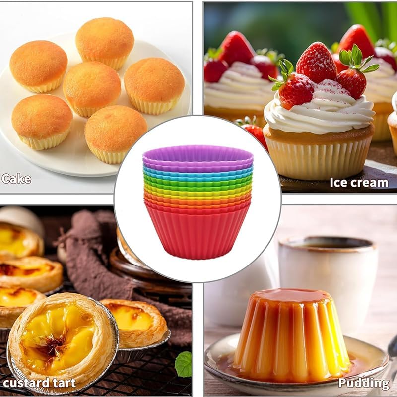 12 Pack Reusable Silicone Baking Cups Set(2.8" Lx1.4" H), Non-stick Muffin Liners, Easy To Clean & Heat-resistant Muffin Molds for Party Birthday Halloween Christmas(Multicolor)