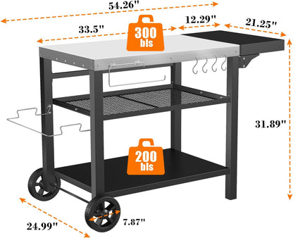 Outdoor Pizza Oven Table for Ninja Woodfire, Blackstone Tabletop Grill, Portable Grill Cart & Food Prep Work Table, Movable Pizza Oven Cart for Backyard BBQ and Patio Parties