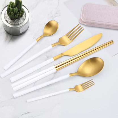 AARAINBOW 8 Pieces Stainless Steel Flatware Set Portable Reusable Cutlery Set Travel Utensils Set Including Chopsticks Knife Fork Spoon Straws Cleaning Brush Dishwasher Safe (Pink Golden)