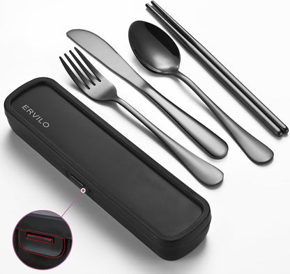 Travel Utensils with Case, Stainless Steel Camping Cutlery Set, Reinforced Case with Snap-Lock Closure, Include Fork Spoon Knife Chopsticks, Portable Lunch Box Silverware for Picnic Office, Black